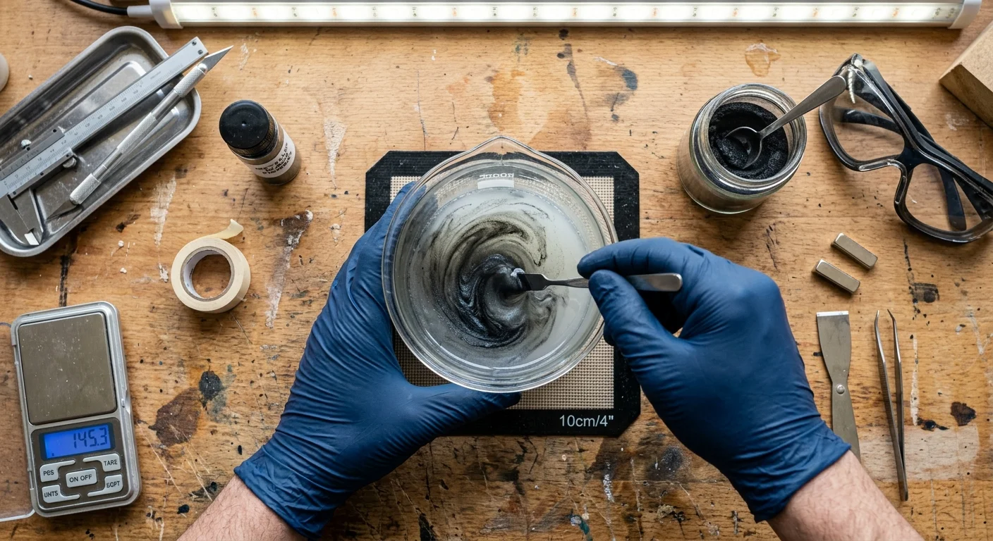 Amoeba magnética: mãos com luvas misturam fluido preto em pote sobre bancada de engenharia DIY e ciência da atração.