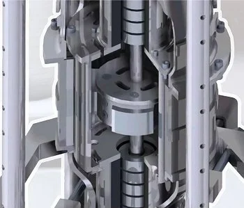 Caixa de câmbio com levitação magnética, corte transversal detalhado de componentes cilíndricos e metálicos.