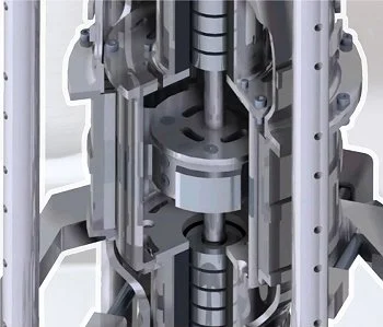 Caixa de câmbio com levitação magnética em corte transversal, revelando estrutura metálica complexa, eixos e discos.