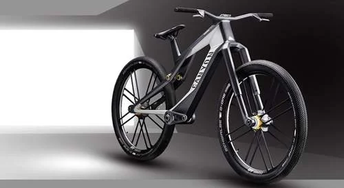 Canyon ebike preta e cinza, com design futurista. Apresenta novo conceito de suspensão com ímãs. Em estúdio.