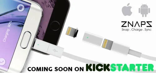 Adaptador magnético ZNAPS para carregar celular em dois smartphones. Cabo branco USB-magnético com ponta separada para carga e sincronização.