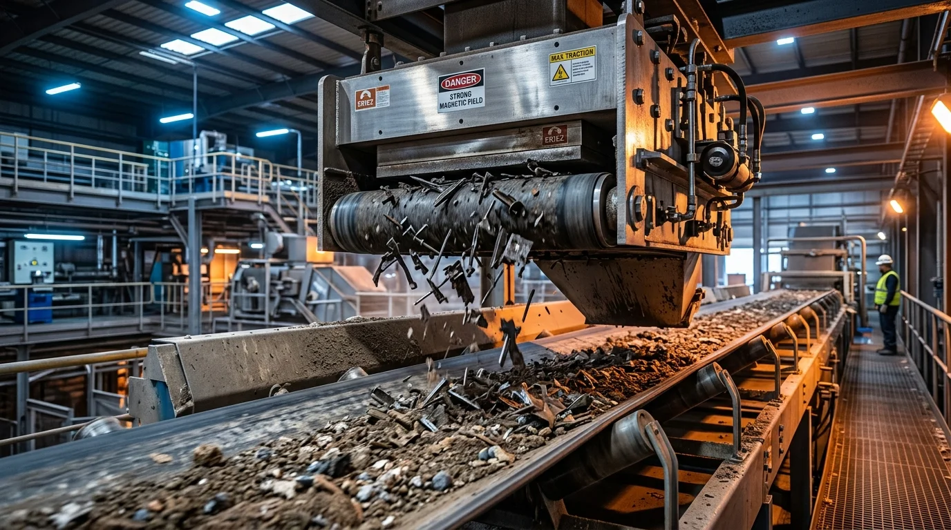 Separador magnético ideal para sua aplicação removendo sucatas de metal de uma correia transportadora industrial.