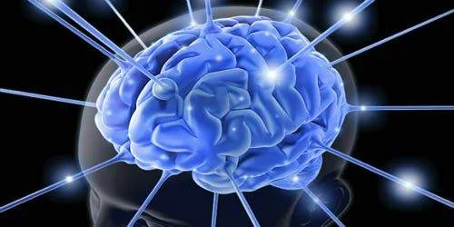 Cérebro azul com raios de energia, simbolizando estimulação para melhorar a memória com eletroímãs.
