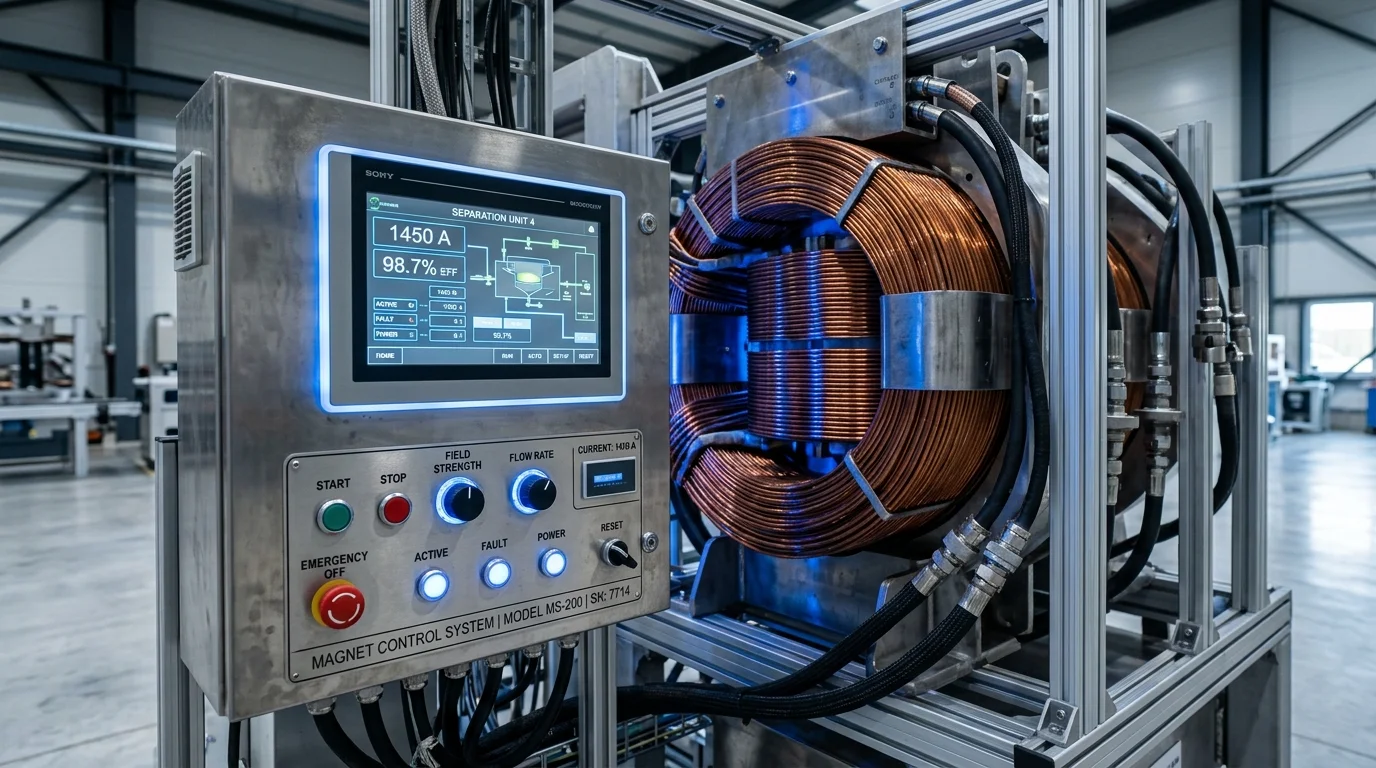Eletroímãs dia a dia com bobinas de cobre circulares, painel de controle digital e botões em estrutura de aço industrial.
