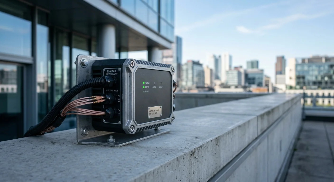 Equipamento eletromagnético para controle de superpopulação de pombos: caixa técnica com fios, fixada em mureta de concreto.