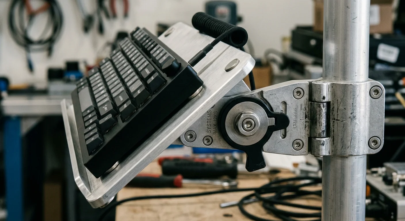 Estação de trabalho permite que você trabalhe deitado: teclado preto em suporte metálico articulado e inclinado.