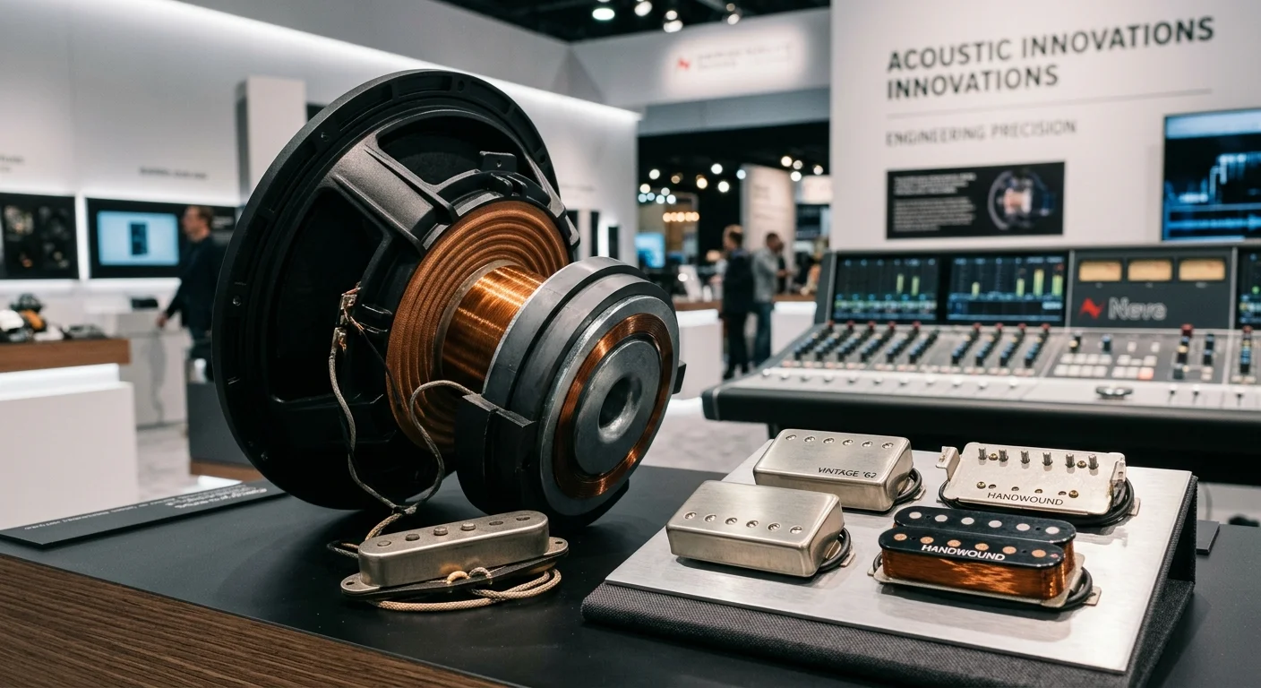 Alto-falante com bobina de cobre e captadores na Expomusic, feira da música com fabricantes em São Paulo.