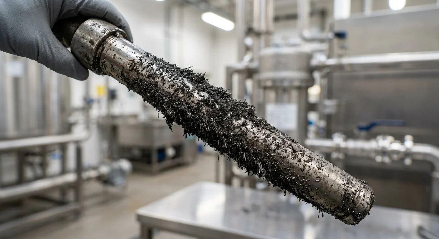 Filtro magnético cilíndrico com resíduos ferrosos em mão enluvada, em linha de produção para separação magnética de chocolate.