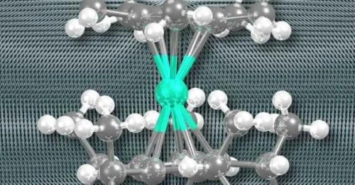 Modelo molecular 3D, esfera central ciano, átomos cinzas e brancos, representando estruturas para armazenamento de dados.