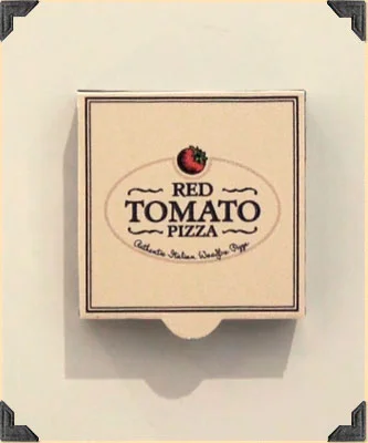 Ímã de geladeira: caixa de pizza miniatura bege com logo RED TOMATO PIZZA para pedido.