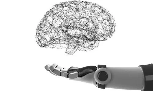 Cérebro em wireframe flutuando sobre mão robótica. Conceito de inteligência artificial.