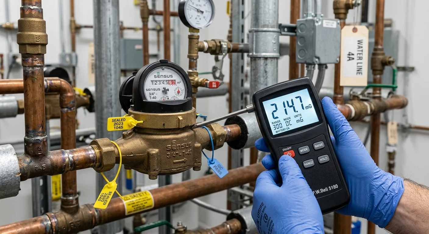 Gaussímetro digital em mãos com luvas medindo ímãs para identificar roubo de água em hidrômetro entre tubos de cobre.