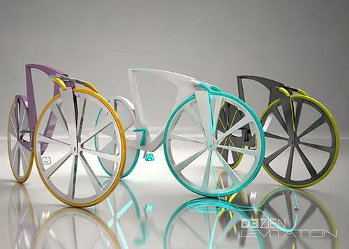 Bicicletas do futuro. Três modelos conceituais com aros roxos, turquesa e amarelos, e estrutura minimalista em superfície reflexiva.