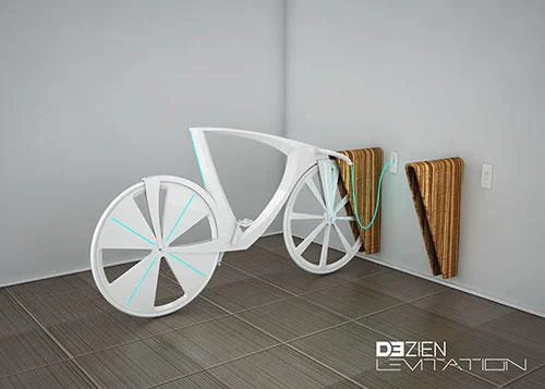 Bicicleta do futuro 3 branca e elegante, com rodas de design inovador e estrutura aerodinâmica, carregando em estação de madeira na parede.