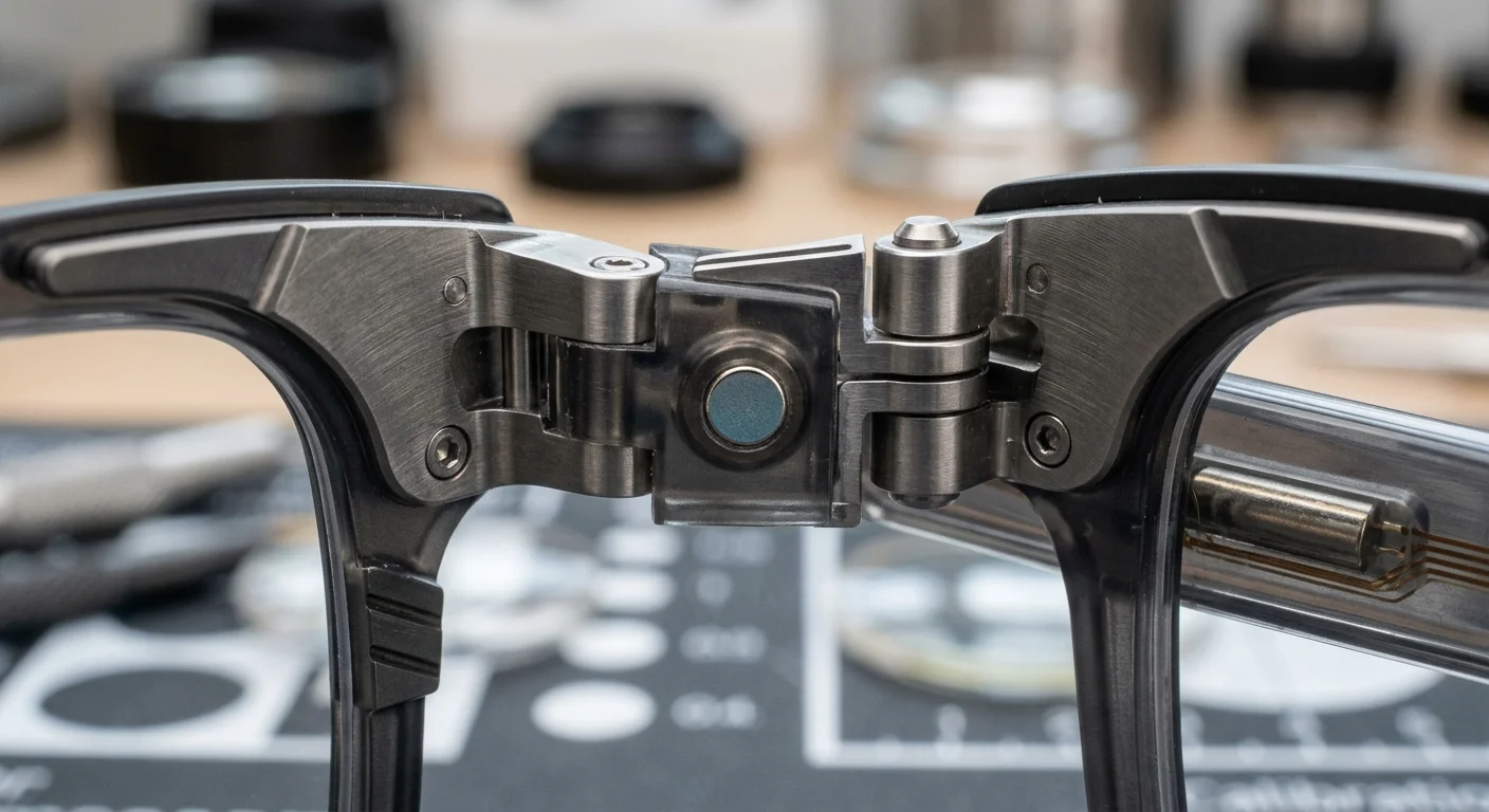 Ímãs ocultos em óculos de grau para sol: ponte metálica com encaixe magnético central e dobradiças detalhadas em close-up.