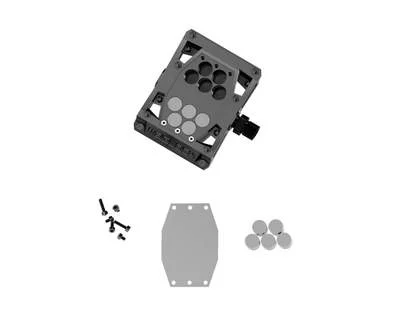 Base cinza de pedal magnético de bike com encaixes circulares, parafusos, placa hexagonal e cinco ímãs redondos. Componentes.