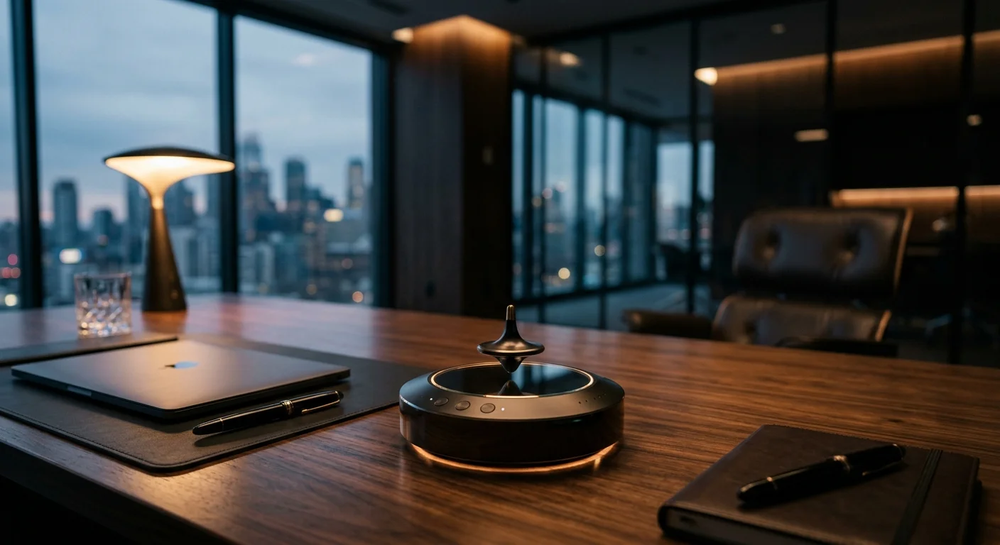 Levitron o brinquedo dos adultos: pião metálico levitando sobre base circular iluminada em mesa de escritório executiva.