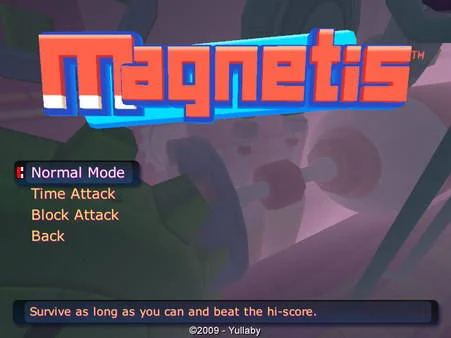 Magnetis, o jogo com poderes magnéticos. Menu do game com logo 3D e Normal Mode selecionado.