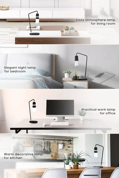 Megi luz de levitacao magnetica 3: luminária preta com cilindro branco levitando, exibida em sala, quarto, escritório e cozinha.