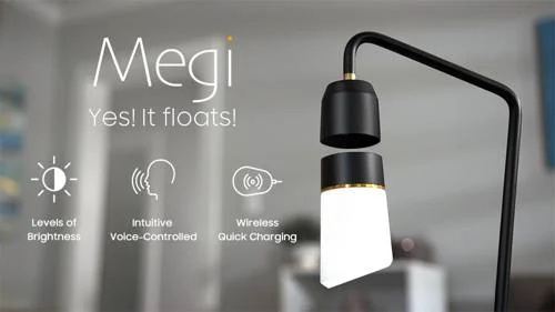 Megi luz de levitação magnética: Abajur preto com braço angular, lâmpada cilíndrica branca com anel dourado flutuando abaixo do suporte.