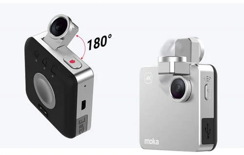 Mini câmera de ação preta e prata, lente giratória 180 graus. Design compacto para prender à roupa com magnetismo.