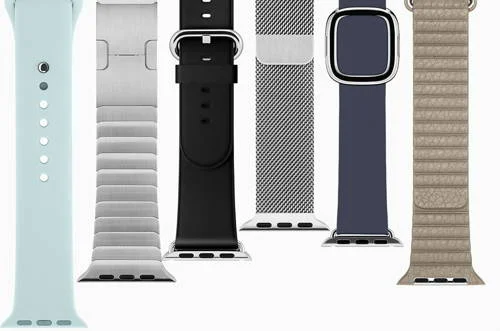 Novo Apple Watch: seis pulseiras. Silicone azul, elo metal, couro preto, milanesa, azul e bege com fecho magnético.