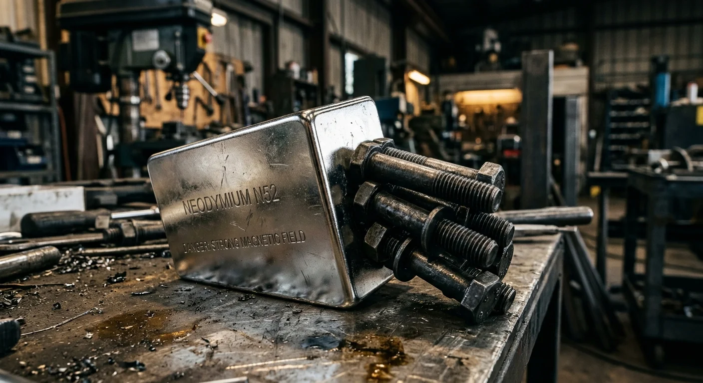 Ímã de neodímio N52 prateado e retangular atraindo parafusos de aço em sua lateral, sobre uma bancada de oficina industrial.