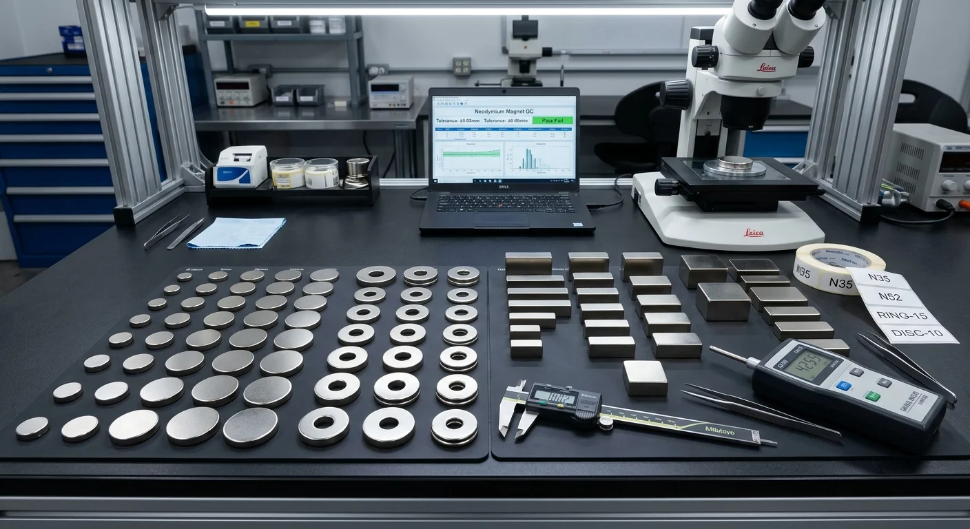 Ímã de neodímio em formatos de disco, anel e bloco organizados em bancada com paquímetro, laptop e microscópio de precisão.