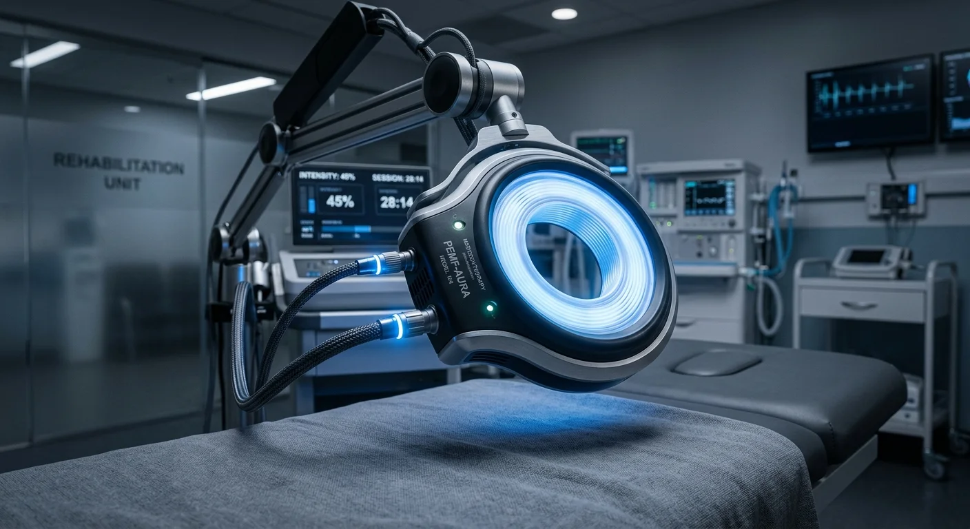 PEMF-AURA: ondas eletromagnéticas no tratamento de doenças em dispositivo com aro de luz azul sobre leito clínico.