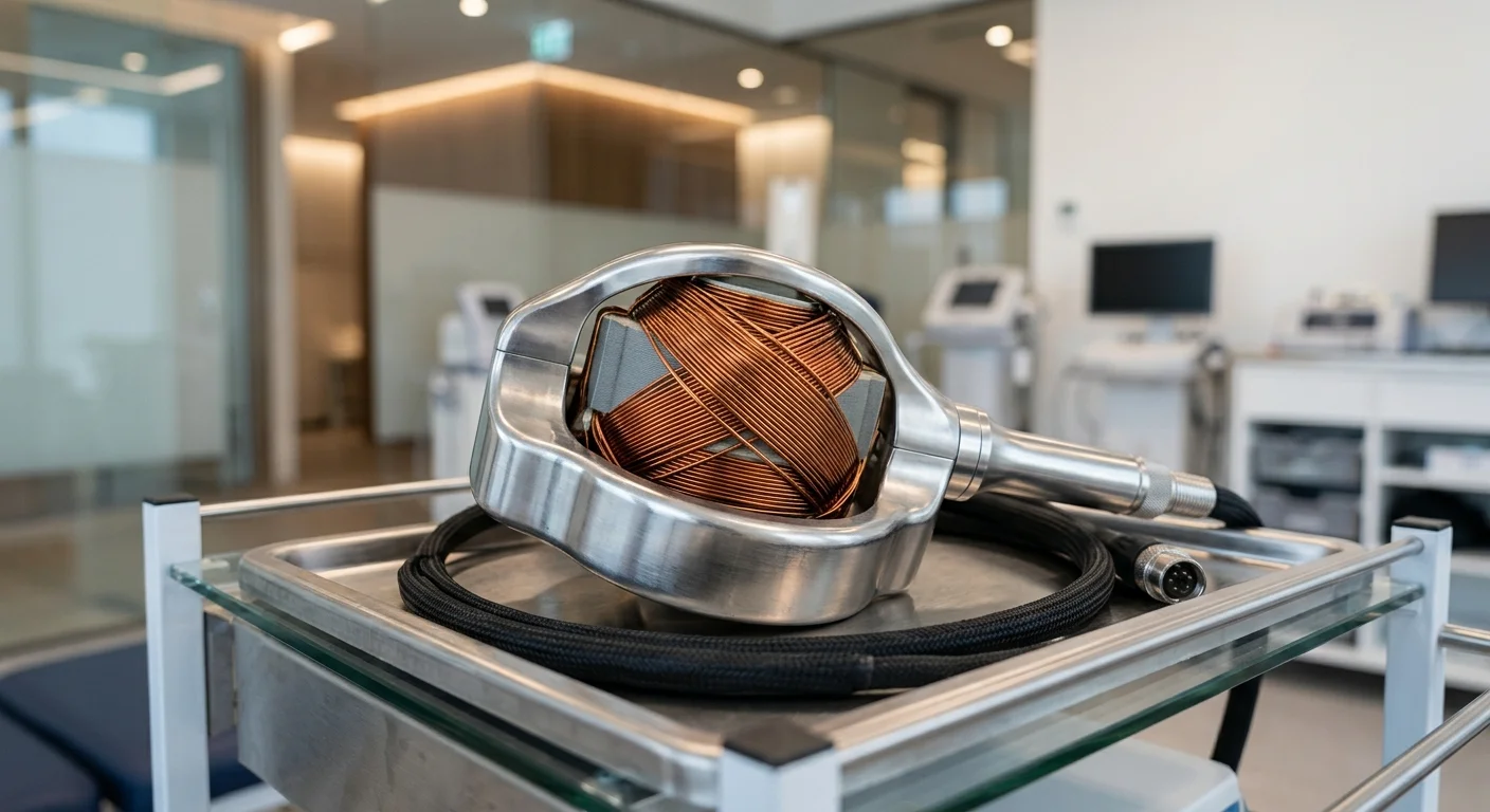 Ondas eletromagnéticas no tratamento de doenças: dispositivo com bobina de cobre em aro metálico sobre bandeja clínica.