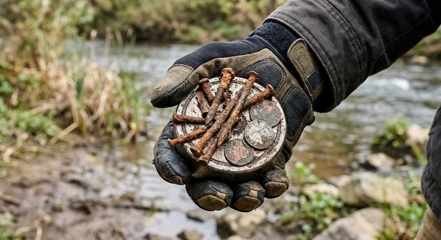 Pesca magnética e seus riscos: imã circular com pregos enferrujados e moedas em mão enluvada, com rio e lama ao fundo.