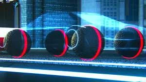 Pneu esférico com sistema de levitação magnética. Quatro unidades pretas com faixa vermelha, flutuando em trilhos de luz azul.