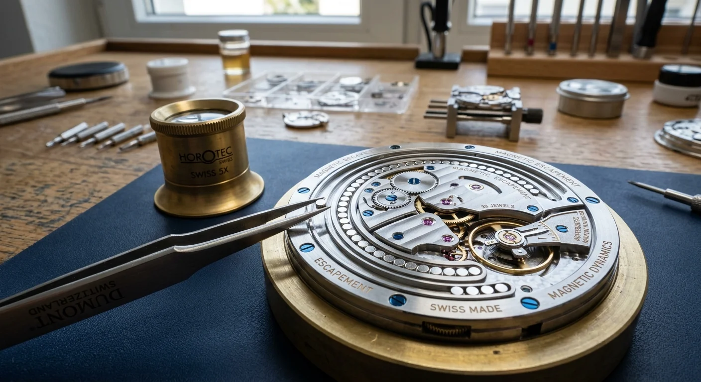 Relógio magnético AI Inner: mecanismo de escape em detalhe sobre bancada, com pinça, lupa e ferramentas de relojoaria.