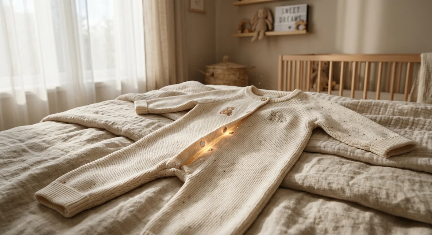 Roupa com imãs para bebês: macacão de tricô bege sobre cama, com pequenos discos magnéticos metálicos no fechamento central.