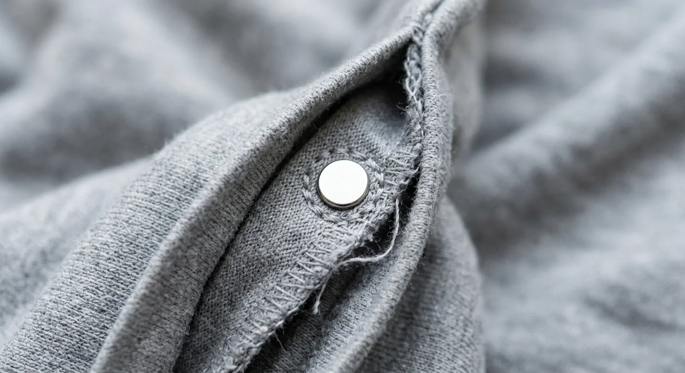 Roupa com imãs para bebês: detalhe de fecho magnético circular prateado embutido em tecido cinza de malha macia e costurada.