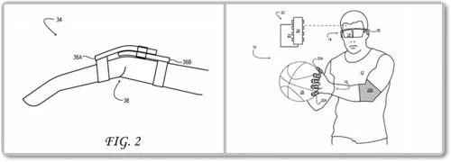 Roupa magnética para interagir com VR: Desenho de patente de homem com óculos VR, luva e braçadeira magnética, segurando uma bola.
