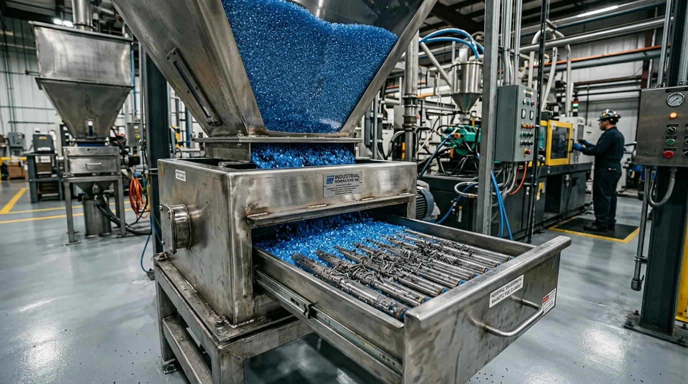 Separadores magnéticos na indústria plástica: barras cilíndricas alinhadas em gaveta sob grânulos azuis em cenário industrial.