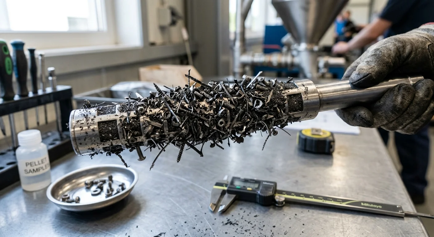 Separadores magnéticos na indústria plástica: haste cilíndrica de metal repleta de parafusos e limalhas de ferro atraídas.