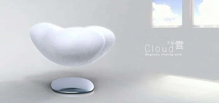 Sofa que flutua magneticamente, branco e fofo como nuvem, sobre uma base oval prateada, em sala clara com janelas.