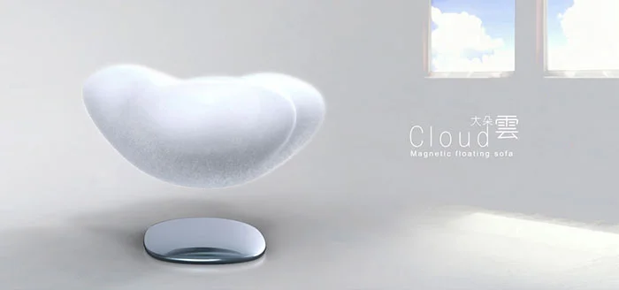 Sofá magnético flutuante, em formato de nuvem branca e macia, levitando acima de uma base espelhada.