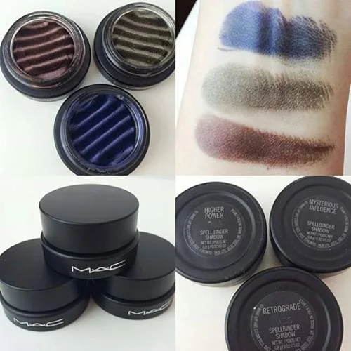 Sombras magnéticas MAC Spellbinder, a tendência. Potes abertos (azul, roxo, verde) com swatches e embalagens pretas.