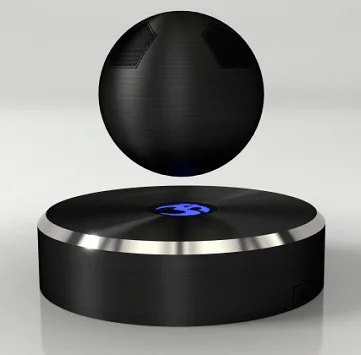 Caixa de som flutuante preta esférica levitando sobre base cilíndrica com luz azul central. Inovação de start up.