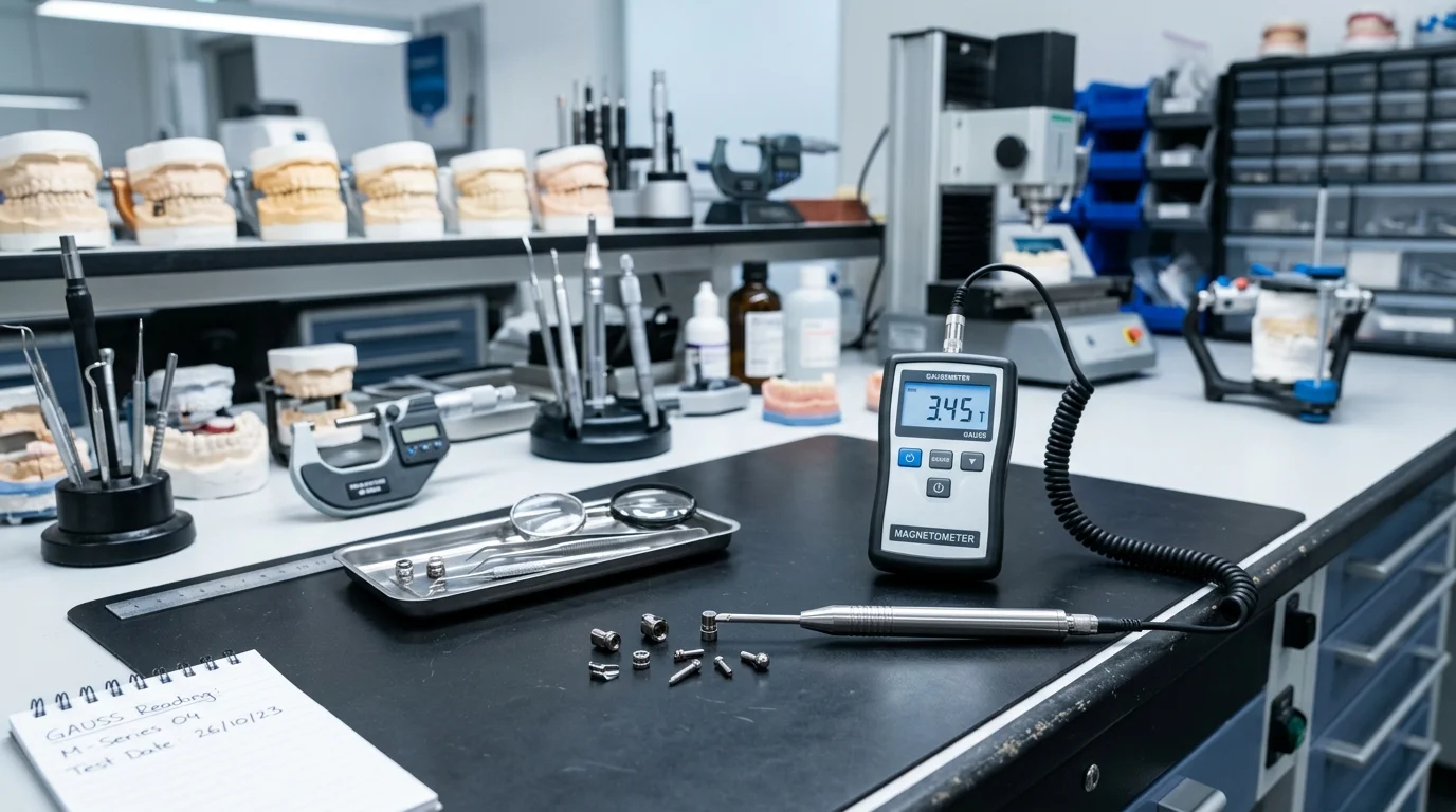 Tecnologia utiliza imãs para fixar próteses: magnetômetro digital com peças metálicas e moldes dentários em laboratório.