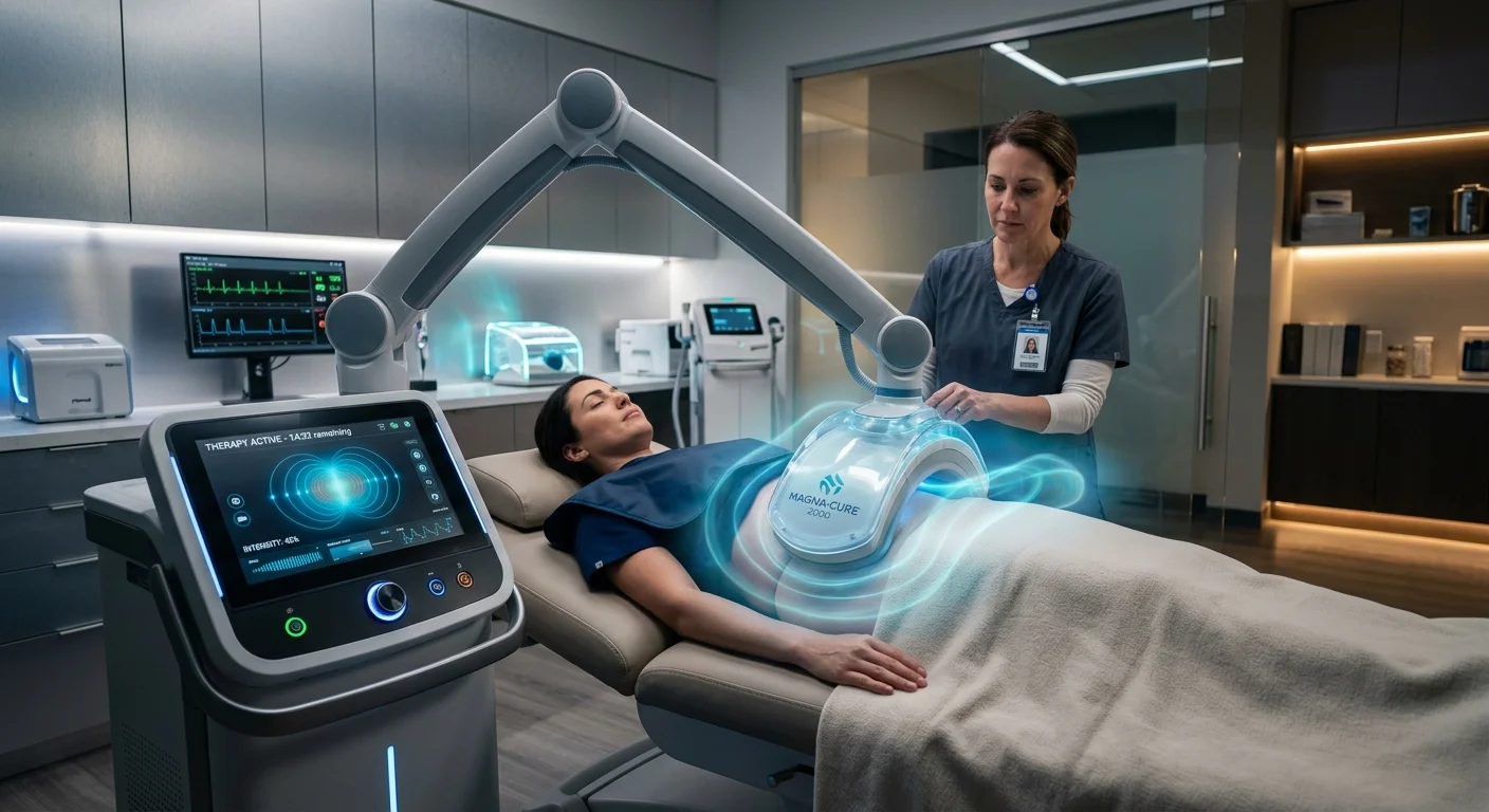 Magnetoterapia ou terapia magnética: paciente sob braço articulado com ondas azuis no abdômen, demonstrando como funciona.