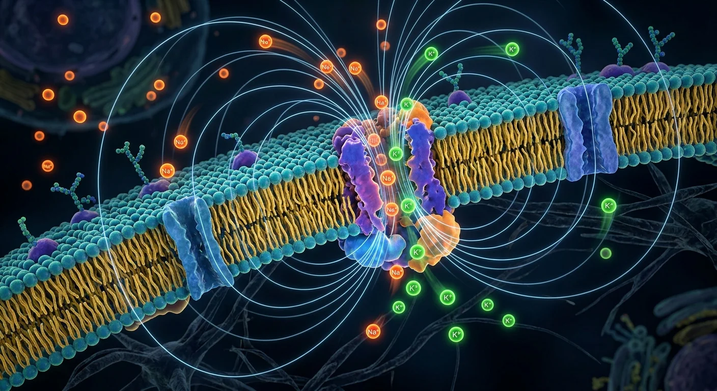 Terapia magnética ou magnetoterapia: linhas de força azuis atravessando membrana celular com íons de sódio e potássio.