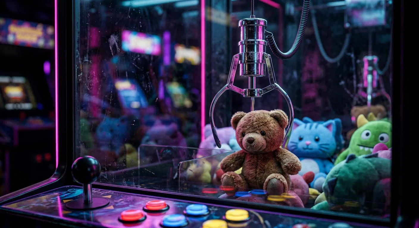 Trapaça com ímãs na máquina de pegar ursinhos: garra metálica sobre urso marrom, botões coloridos e luzes neon no arcade.