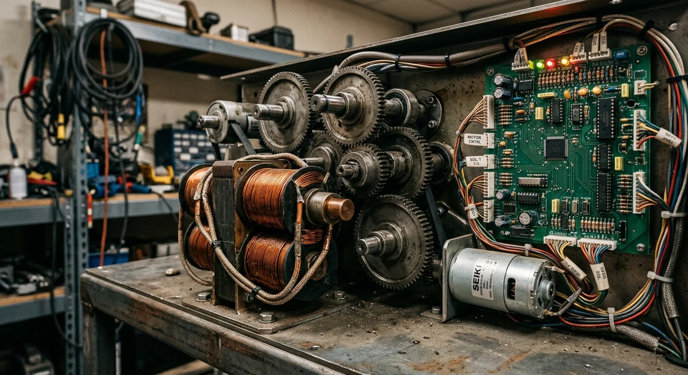Máquina de pegar ursinhos com ímãs: mecanismo interno com engrenagens, bobinas de cobre e placa de circuito eletrônico.