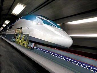 Trem de levitação magnética (Maglev) branco e azul dentro de túnel. Iniciando operação no Brasil antes da Copa 2014.
