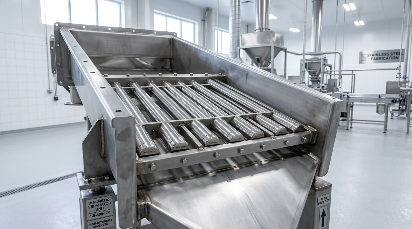 Imãs e magnetismo: separador magnético industrial de aço inox com barras cilíndricas paralelas alinhadas em grade metálica.