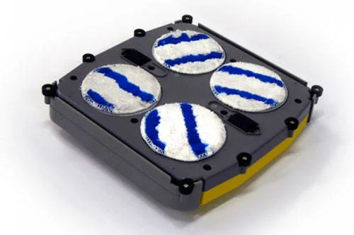 Windoro robo que limpa as janelas. Robô cinza e amarelo, quadrado, com 4 panos de limpeza circulares brancos com listras azuis.